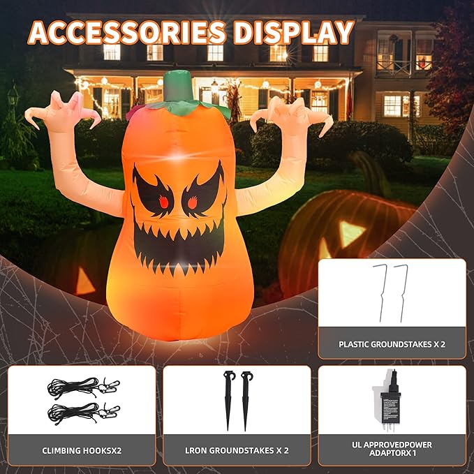 4FT Halloween Inflatable Terror Pumpkin with Build-in LED Lights, Blow up Halloween Inflatable Outdoor Indoor Decorations Large Party Yard Decoration (Terror Pumpkin)