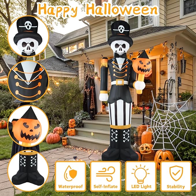 10FT Halloween Inflatables Outdoor Decorations Giant Scary Skeleton General with Pumpkin, Built-in LED Lights, Holiday Yard Garden Party Blow Up Spooky Lawn Décor