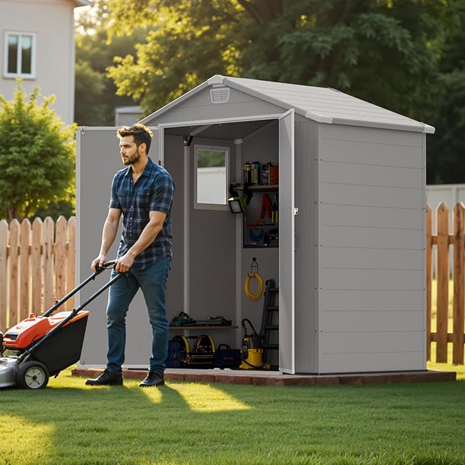 Greesum 6x4FT Plastic Outdoor Storage Shed with Floor, Resin Sheds with Lockable Double Door, Window & Vents, All-Weather Tool Sheds for Garden, Backyard, Patio, Light Gray