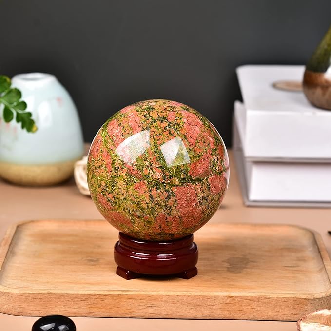 JIC Gem Natural Unakite Crystal Sphere Rock Quartz Crystal Ball with Wood Stand Healing Meditation Energy Decoation Ball (70-80mm)