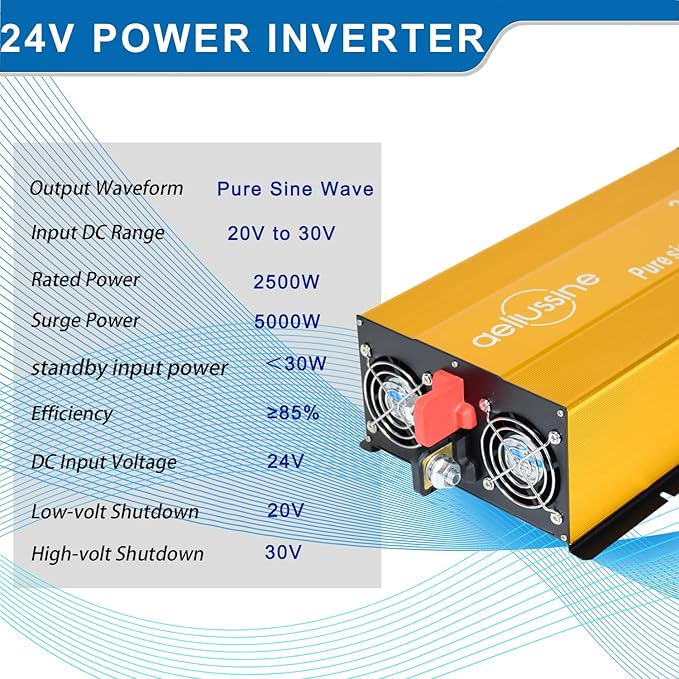 2500W Pure Sine Wave Inverter-24V DC to 110V 120V AC Power Converter with 2 AC Outlets, 24 Volt Power Inverter for Truck, Rv, Camping, Home