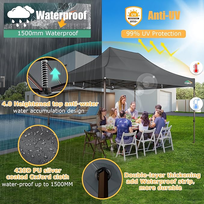 COBIZI 10x15 Pop Up Heavy Duty Canopy with 4 Sidewalls and Hexagonal Legs, Easy up Tent for Parties, Commercial and Wedding, Outdoor Canopy with Roller Bag, Sand Bags, Waterproof & UPF50+ (Gray)