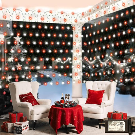 Christmas Net Lights Red & White, 14.8ft x 5ft 300LED Mesh Lights Outdoor Green Wire 8 Modes Timer, Waterproof Connectable String Lights for Bushes Xmas Tree Garden Holiday Party Decor