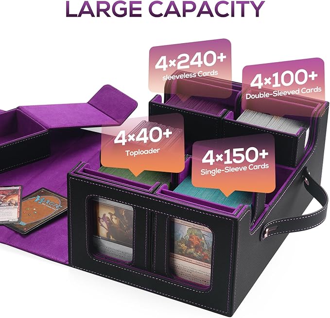 Trading Card Storage Box for MTG, card storage box with Commander Display，Multi-purpose Deck Case for MTG TCG Sports Card, 4 Toploaders, 4 Stoppers, 4 Colorful Dividers (Black & Purple)