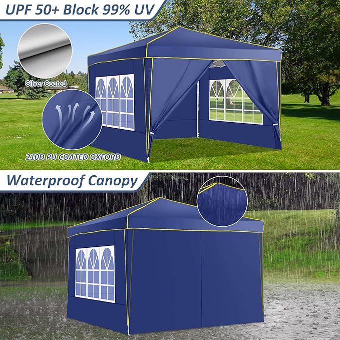COBIZI 10x10 Pop Up Canopy Tent with 4 Removable Sidewalls, One Person Setup, Outdoor Event Commercial Canopy, UV Protection 50+, 3 Adjustable Heights, Carry Bag, Sandbag, Stakes & Ropes, Navy Blue