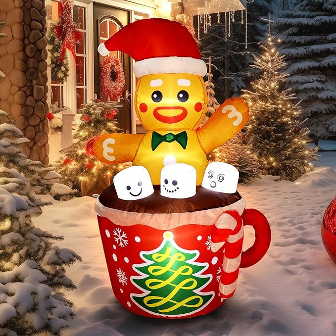 WBHome 5 Ft Christmas Inflatable Gingerbread Man in Cocoa Outdoor Decorations, Xmas Blow Up Yard Decor with Built-in LED Light for Lawn Home Party Indoor Outdoor