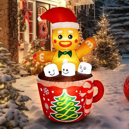 WBHome 5 Ft Christmas Inflatable Gingerbread Man in Cocoa Outdoor Decorations, Xmas Blow Up Yard Decor with Built-in LED Light for Lawn Home Party Indoor Outdoor