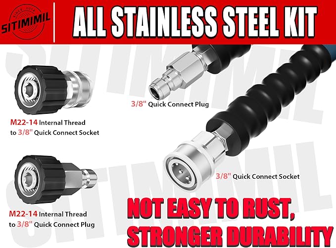 3/8'' Pressure Washer Hose 50FT - Kink Resistant Steel Wire Braided, Wear Resistant, 3/8" Stainless Steel Quick Connect, with M22 14mm Adapter Set, Hot and Cold Water Power Washer Hose, 4200 PSI
