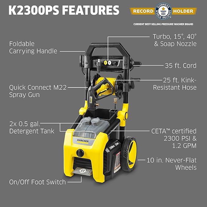 Kärcher Pressure Washer K2300PS, CETA Certified, 4 Spray Nozzles, Detergent Tank, Hose Reel, for Cars, Driveways, Siding, Patios, 1.2 GPM