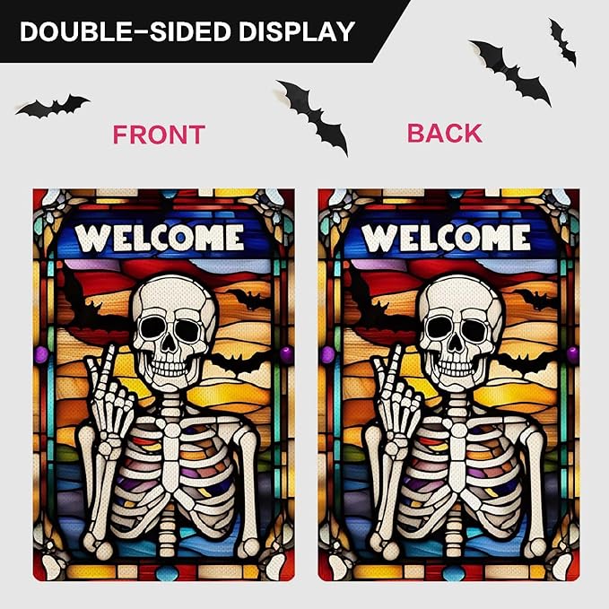 Welcome Skeleton Garden Flag Halloween Stained Glass Style Holiday Garden Flag Vertical Double Sided Rustic Farmland Burlap Yard Lawn Outdoor Decor 12.5x18"