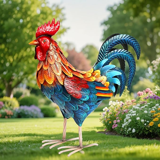 Shorayn Metal Rooster Statues Outdoor Garden Decor Metal Chicken Sculptures & Statues Chicken Ornaments Yard Art for Backyard Patio Lawn Decorations