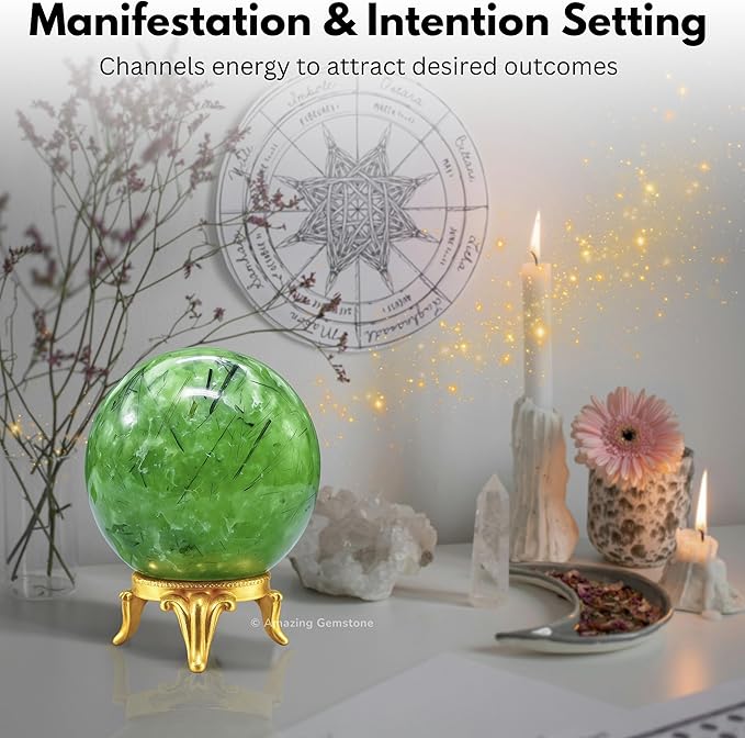 Amazing Gemstone Prehnite Crystal Ball with Stand - 2 Inches Crystal Sphere Meditation Balls for Witchcraft and Decorative Balls
