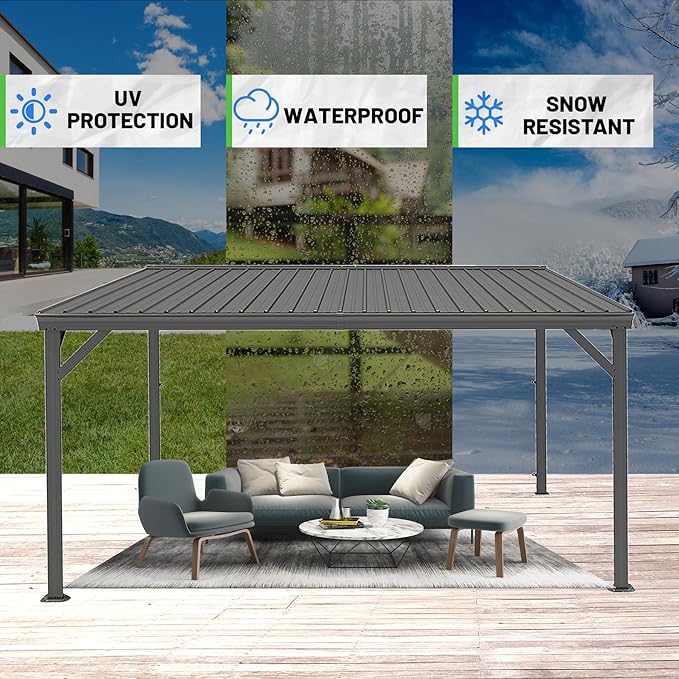 10x12FT Lean to Gazebo, Outdoor Hardtop Wall Mount Gazebo with Gutter & Sloping Galvanized Steel Roof, Metal Hard Top Awnings for Deck, Porch, Backyard