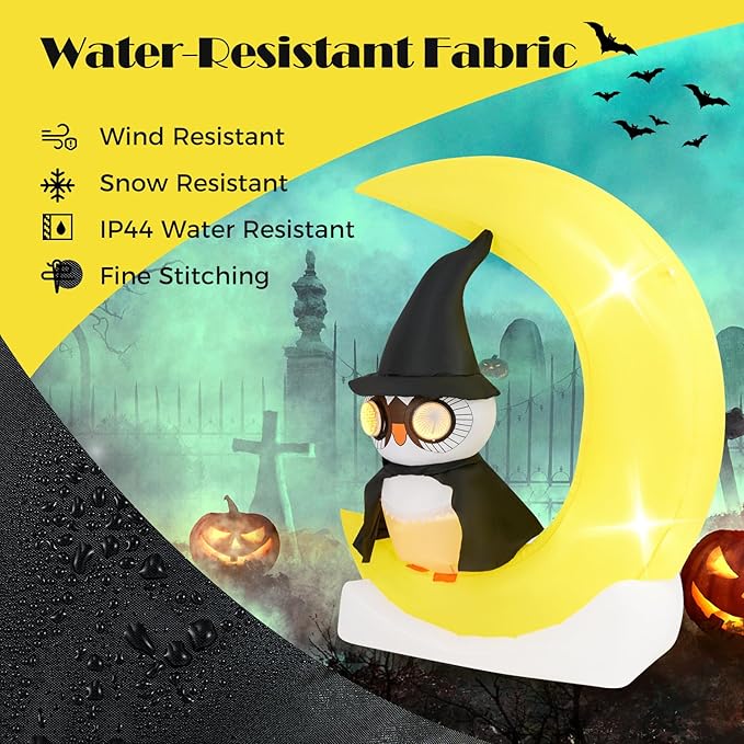 Goplus 5.1 Ft Halloween Inflatables, Pre-Lit Owl on The Moon with Witch Hat, Blow up Cute Halloween Decoration with Built-in LEDs, Holiday Outdoor Indoor Decoration for Party, Lawn, Yard