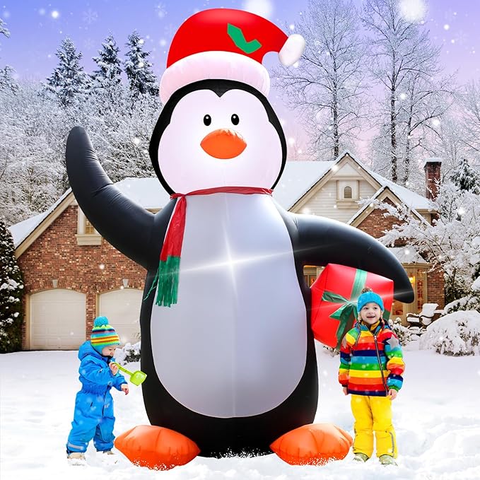 12 Feet Christmas Inflatable Penguin Holding Gift LED Lights Outdoor Decoration for Lawn Garden Entrance Holiday Party Festive Atmosphere Cute Toy