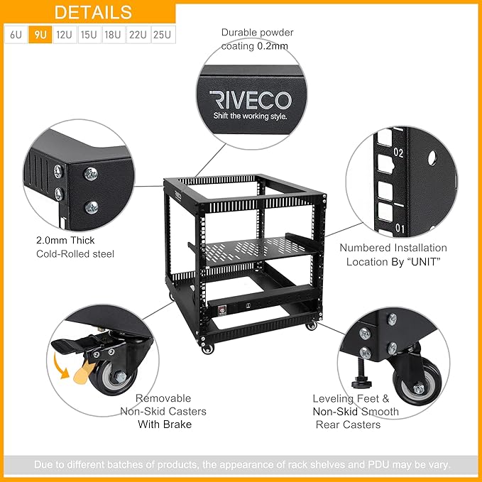 RIVECO 9U Open Frame Server Rack with Wheels + PDU (8 Outlets) Power Strip Surge Protector (1u Rack Shelf 1pcs +PDU)