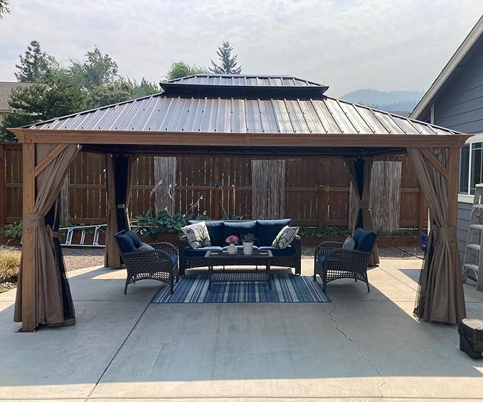 12’ x 16’ Hardtop Gazebo Outdoor Aluminum Wood Grain Gazebos with Galvanized Steel Double Canopy for Patios Deck Backyard,Curtains&Netting by domi outdoor living
