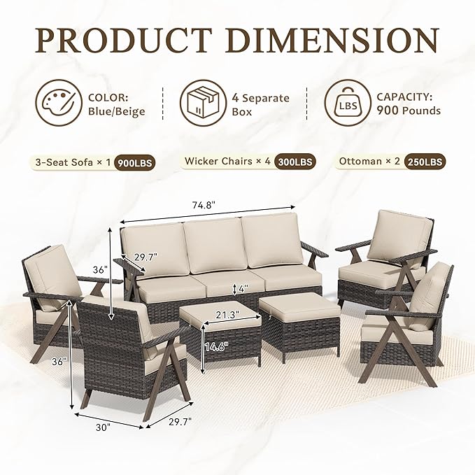 7 Pieces Patio Furniture Set,Outdoor Sofa & High Back Wicker Patio Chairs, Patio Conversation Set with Ottoman for Deck Yard and Poolside