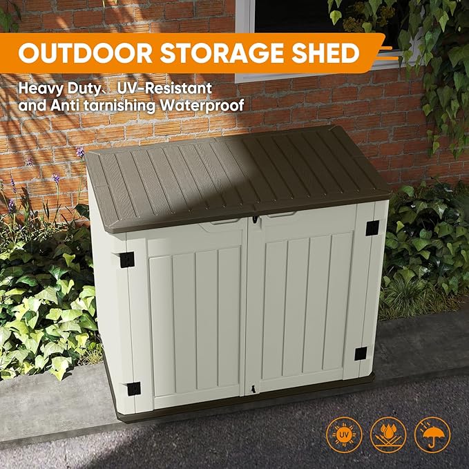4.4 x 3.8 FT Outdoor Storage Shed, 47 Cuft Outside Waterproof Storage Cabinet, HDPE Resin Plastic 290 Gallon Outdoor Storage Container, Horizontal Lockable Storage Shed, Vanilla