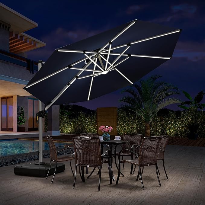 PURPLE LEAF 11ft Solar powered LED Patio Umbrella Outdoor Round Umbrellas Large Cantilever Umbrella with LED lights Windproof Offset Umbrellas Sun Umbrella for Garden Deck Pool Patio, Navy Blue