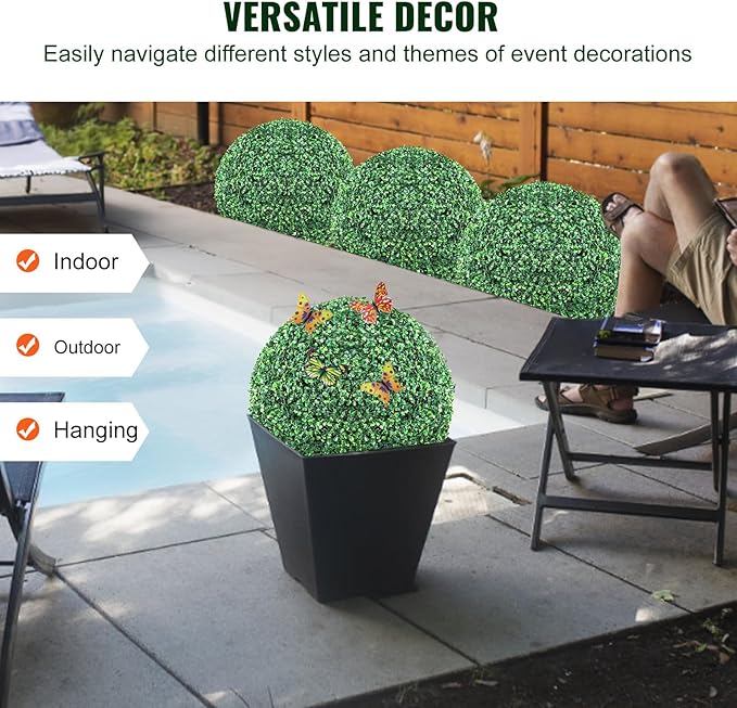 VEVOR 2 Pcs 16” Artificial Plant Topiary Ball, 4 Layers Faux Boxwood Balls, All-Year Green Faux Plant Decorative Balls for Backyard, Balcony,Garden, Wedding and Home Décor