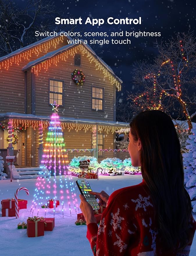 Govee Christmas Cone Tree Lights, 6ft 316 LEDs RGBIC Christmas Tree Lights with Smart App Control, IP67 Waterproof Outdoor String Lights for Xmas Decorations, 82+ Scene Modes, Music Sync, White Stand