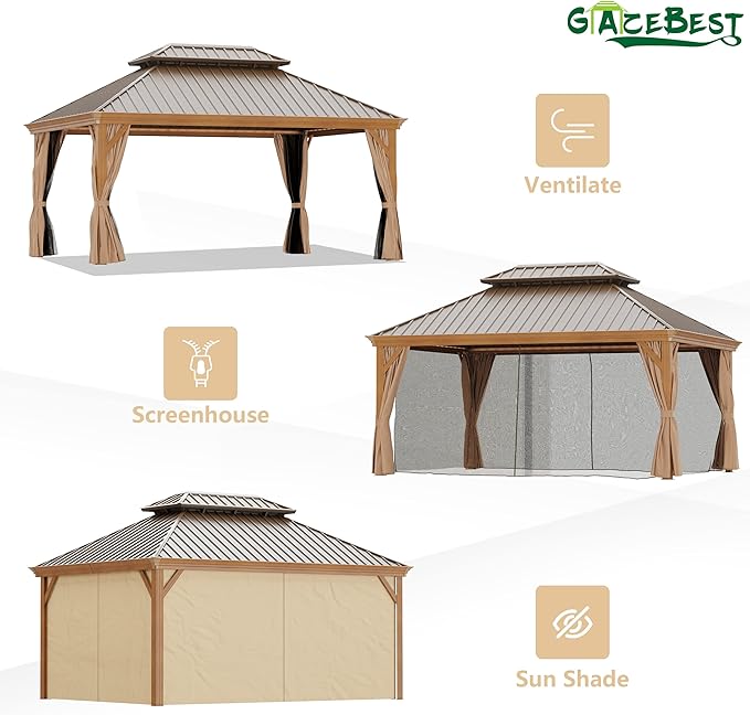 12' X 16' Hardtop Gazebo, Aluminum Wood-Looking Frame Outdoor Permanent Galvanized Steel Double Roof Pavilion Pergola Canopy with Privacy Curtains for Garden, Patio, Backyard, Deck and Lawns.