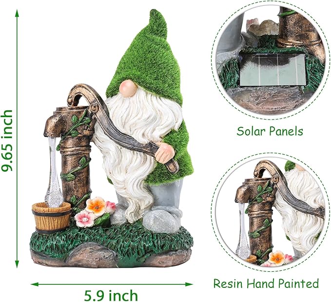Garden Gnome Statue, Resin Pressurized Well with Water Gnome Figurine with Solar Lights for Porch Patio Yard Outdoor Decor