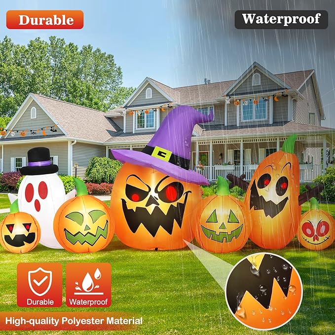 Danxilu 8FT Long Halloween Inflatables Outdoor Decorations, Haunted Inflatable Pumpkins with Witch Hat & Ghost Combo Blow Up Yard Decoration Built-in LEDs Lighted for Lawn Garden Outside Indoor Decor