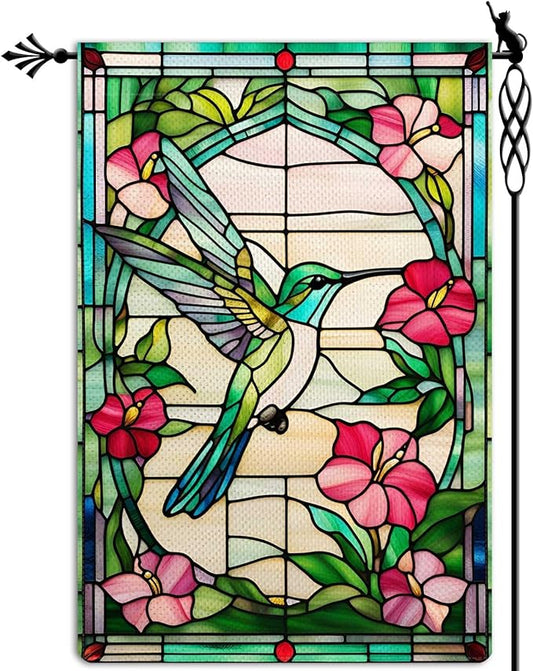 Spring Summer Hummingbird Garden Flag Stained Glass Style Garden Flag Vertical Double Sided Rustic Farmland Burlap Yard Lawn Outdoor Decor 12.5x18"