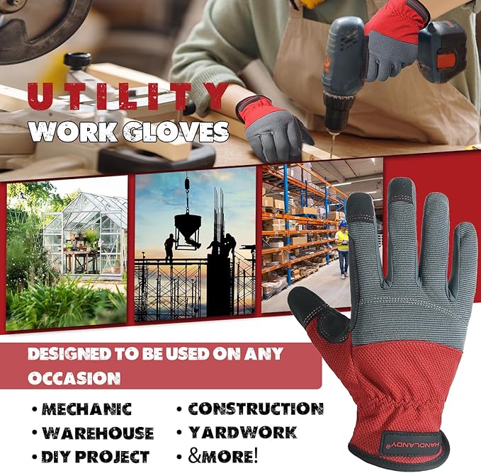 HANDLANDY Work Gloves for Men & Women, Utility Mechanic Working Gloves Touch Screen, Flexible Yard Work Gloves