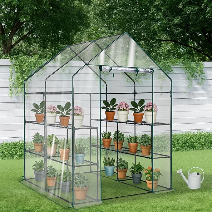 Outvita Walk-in Greenhouse, Outdoor Durable PVC Plant Green House for Frost Protection with 3 Tiers 8 Shelves, Shelf Clips, Roll-up Zipper Door, 56"x56"x77" Transparent