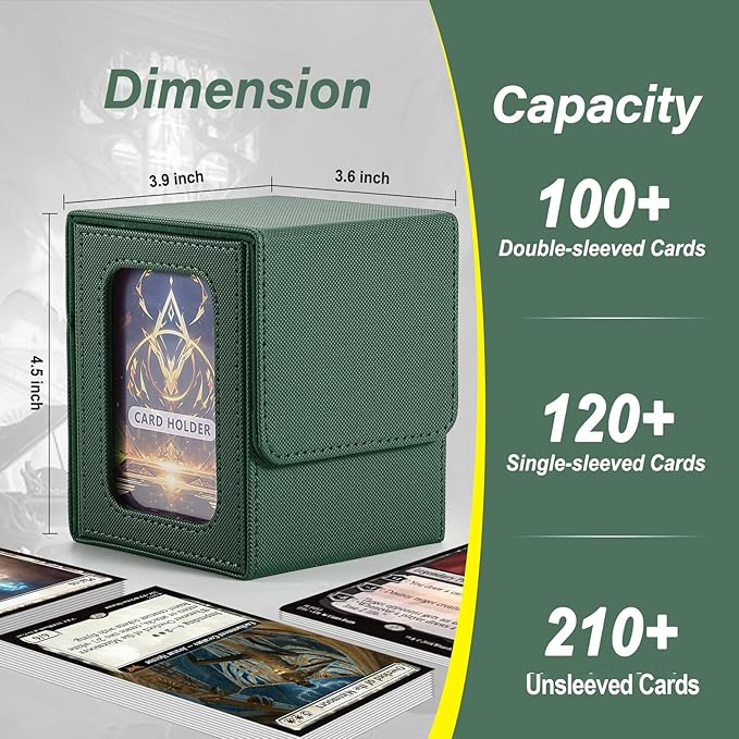 MTG Deck Box, Double Display Window MTG, Commander Deck Box Fits 120+ Single Sleeved Cards, PU Leather Magnetic Closure Card Box with 2 Dividers&2 Toploaders for TCG, CCG, Green