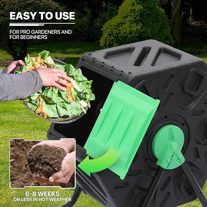 MoNiBloom 17 Gallon Single Compost Tumbler, BPA Free Outdoor Light Weight Compost Bin w/Sliding Door, All-Season Fast Working Rotating Chamber Composters for Garden Patio