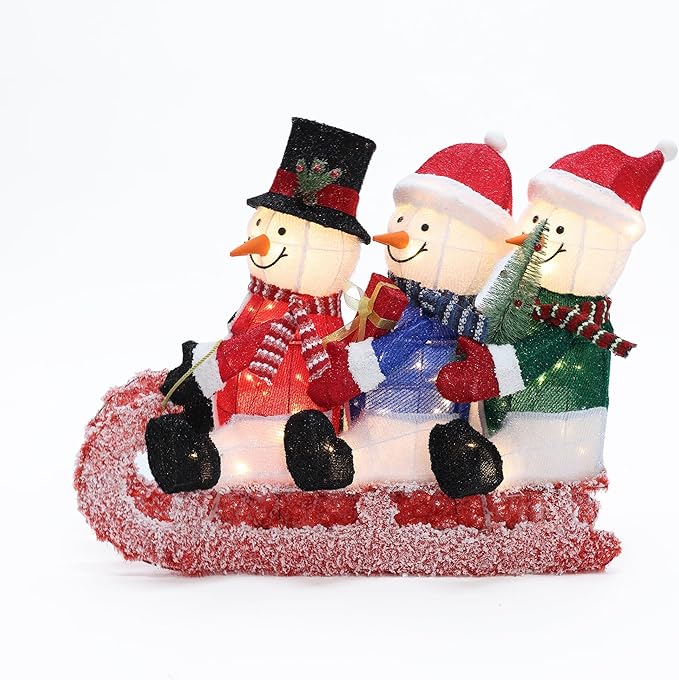 LuxenHome 20" H Lighted Snowman Outdoor Christmas Decorations, Prelit Frosted Snowman Family Trio on Sled Christmas Decor, Illuminated Christmas Decorations Outdoor and Indoor for Yard, Lawn, Porch