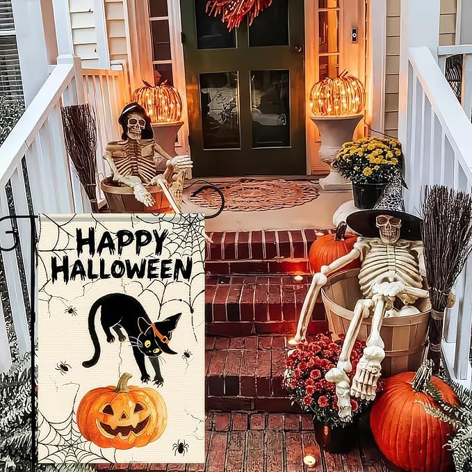 Garden Flags 12x18 Inch Halloween Black Cat Pumpkin Spider Web Design Fall Outdoor Banner Holiday Yard Decoration for Porch Lawn Garden Party Display Sign