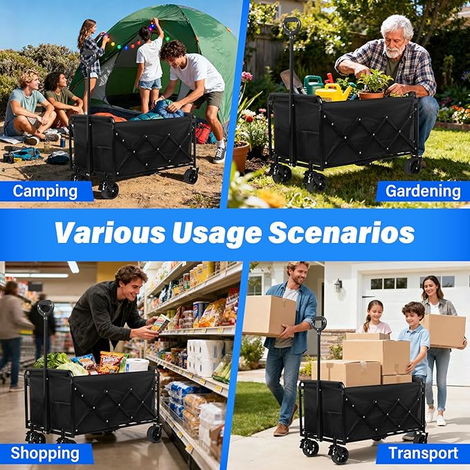 Wagons Carts Foldable, 500 Lbs with Adjustable Handle, Black Lightweight Portable, Collapsible Wagon for Camping, Shopping, Sports, Travel, Garage and Gardening Storage with Drink Holders