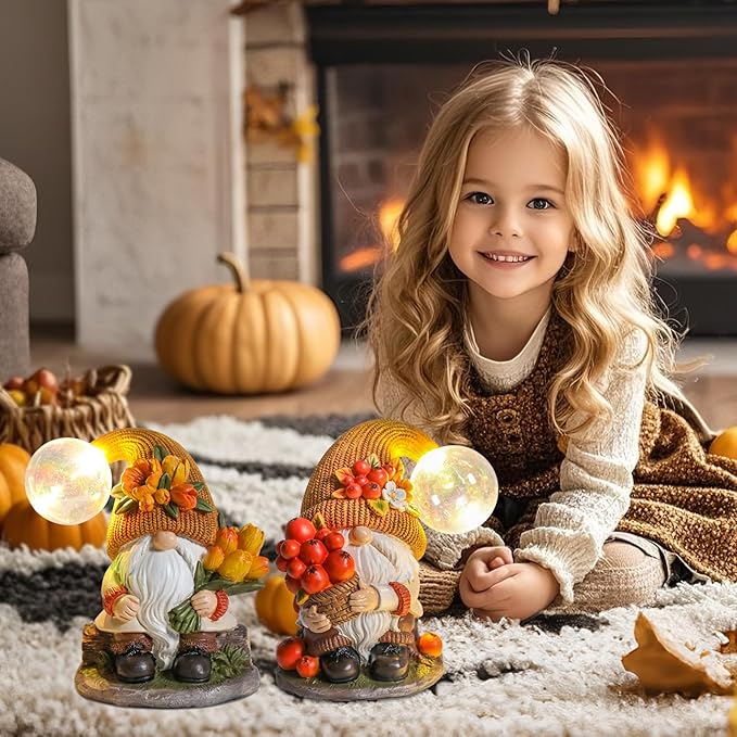 Bdor Fall Gnomes Garden Decor 7 Inch – Harvest Gnome Statue with LED Crackle Globe Lights, Autumn Yard Ornaments for Thanksgiving, Outdoor Lawn, Porch, Patio, Garden Decorations