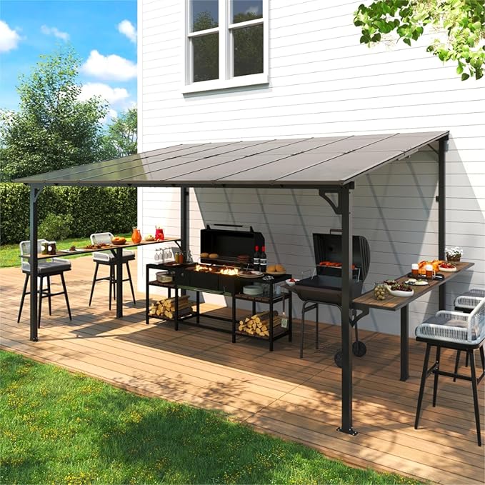 MEISSALIVVE 10' x 14' Wall Mounted Gazebo, Outdoor BBQ Grill Gazebo with Side Shelf, Lean to Metal Awnings with Sloped Roof, Heavy Duty Pergola for Backyard, Deck, Black
