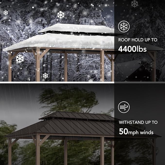 SUNJOY 12 x 20 ft. Wood Gazebo, Outdoor Patio Cedar Framed Wooden Hardtop Gazebo with 2-Tier Metal Roof, Suitable for Patios, Lawn, and Backyard, Dark Brown Roof + Dark Wood Frame