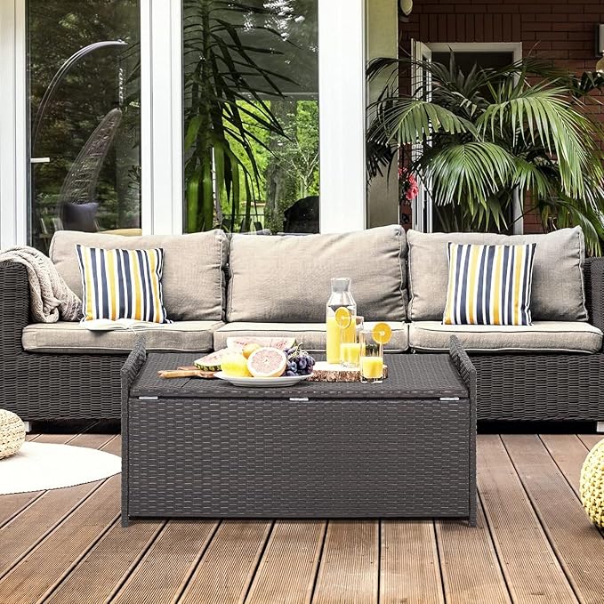 RELAX4LIFE 34-Gallon Outdoor Storage Box - Wicker Rattan Deck Box w/Seat Cushion, Waterproof Liner & Side Handles for Pillows, Patio Cushions, Pool Supplies, Garden Tools, Porch Outdoor Storage Bench