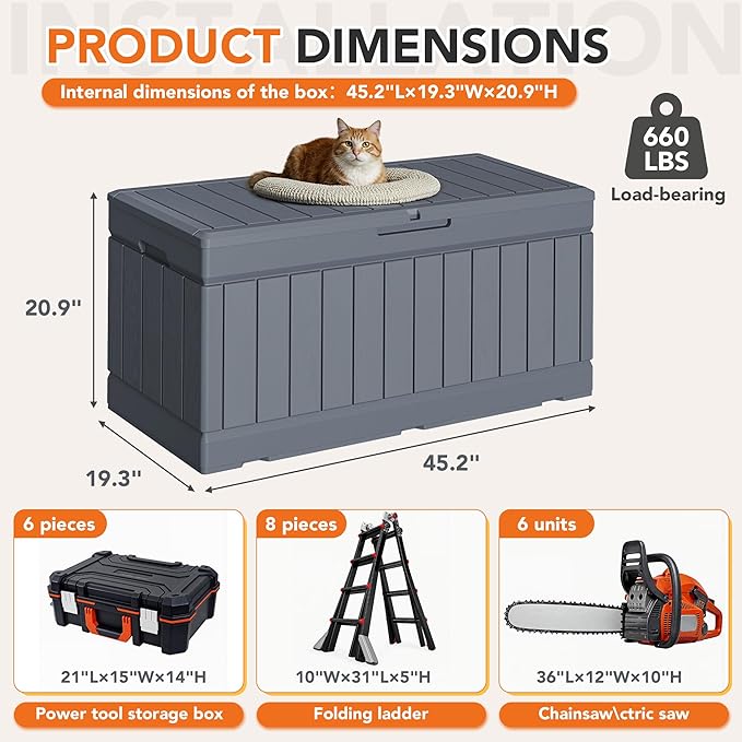 78 Gallon Deck Box Outdoor Indoor Waterproof Storage Box for Patio Furniture, Pool Accessories, Garden Tools, and Cushion Storage, Gray