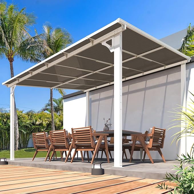 AECOJOY 12' x 10' White Pergola Gazebo, Large Wall Mounted Pergolas and Gazebos on Clearance, Outdoor Patio Lean to Hard Top Gazebo Metal Awnings for Decks,Patio, Porch, Backyard and More