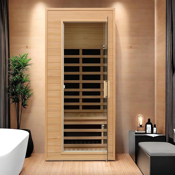 Infrared Sauna for Home Single Person Hemlock Far Infrared Roof Embedded Indoor Sauna for Home with Bluetooth & LED, Natural