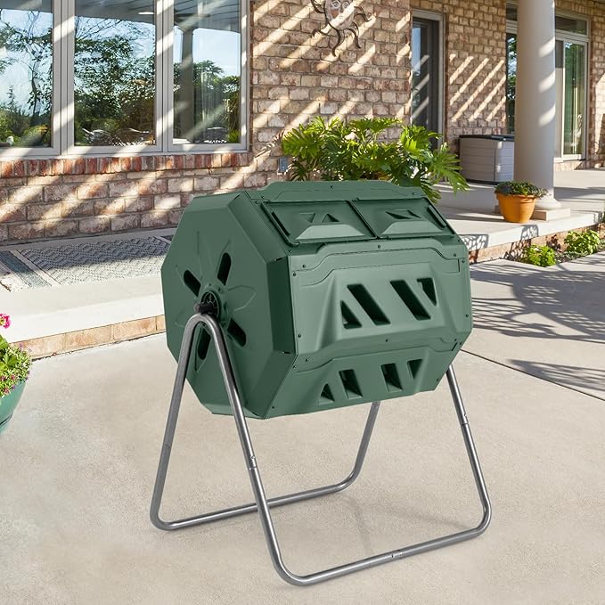 S AFSTAR Composter Tumbler Outdoor, 42-Gal Dual Chamber Tumbling Composter with 2 Sliding Doors, Metal Frame, BPA-Free Large Rotating Compost Bin Tumbler for Garden Yard Waste (Green)