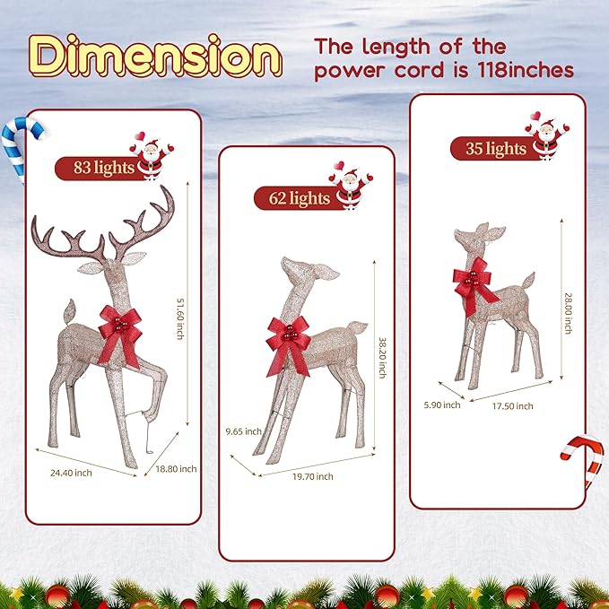 3D Reindeer Family Christmas Decor Set 4.5Ft Lighted Christmas Reindeer/Deer Family Set Outdoor Christmas Yard Decorations with Stakes & Zip Ties for Holiday Lawn Patio Party