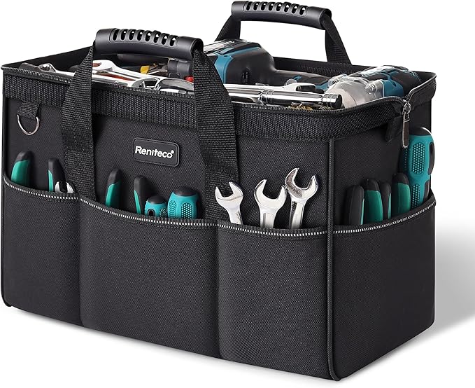 16 inch Heavy Duty Tool Bag for Work | Father's Day Bitthday Gift for Dad | Waterproof Oxford Fabric, Wide Mouth Design, Multi-Pocket Organizer with Padded Strap (Black)