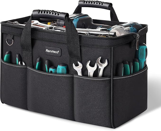 16 inch Heavy Duty Tool Bag for Work | Father's Day Bitthday Gift for Dad | Waterproof Oxford Fabric, Wide Mouth Design, Multi-Pocket Organizer with Padded Strap (Black)