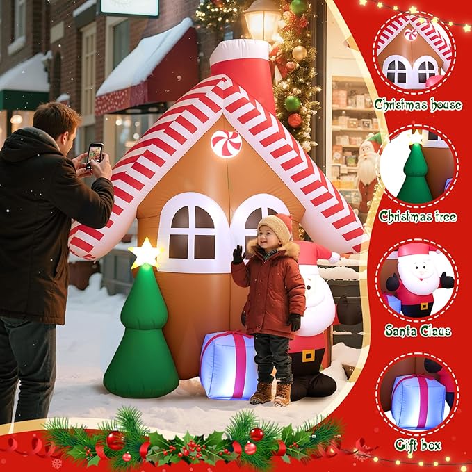 7 FT Christmas Inflatable Candy House with Santa Claus, Tree & Gift Box, Built-in LED Lights, Outdoor Blow Up Yard Decoration for Holiday Lawn Garden Party