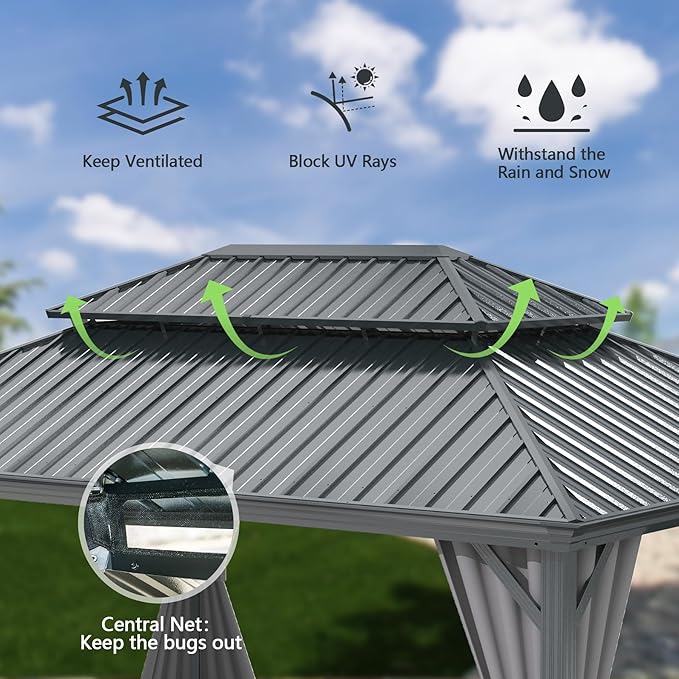 Domi 10x14FT Outdoor Gazebo, Hardtop Gazebo with Galvanized Steel Double Roof, Metal Gazebos with Drainage System Patio Pergola for Patio Deck Backyard,Curtain and Netting,Gray